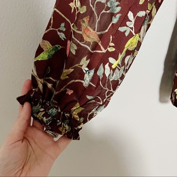 J. Crew Point Sur Menagerie Ruffle Popover Top sz S Floral bird print brown - Picture 5 of 7